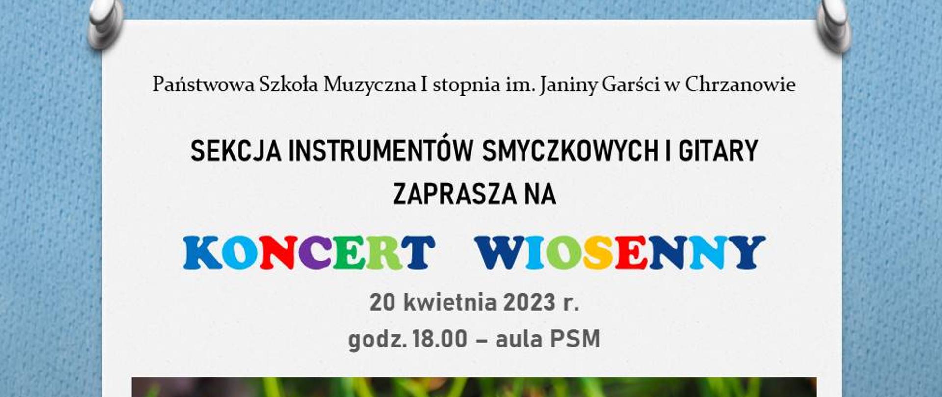 Afisz: tło niebieskie, w środku białe, u góry informacja o koncercie, poniżej zdjęcie krokusów