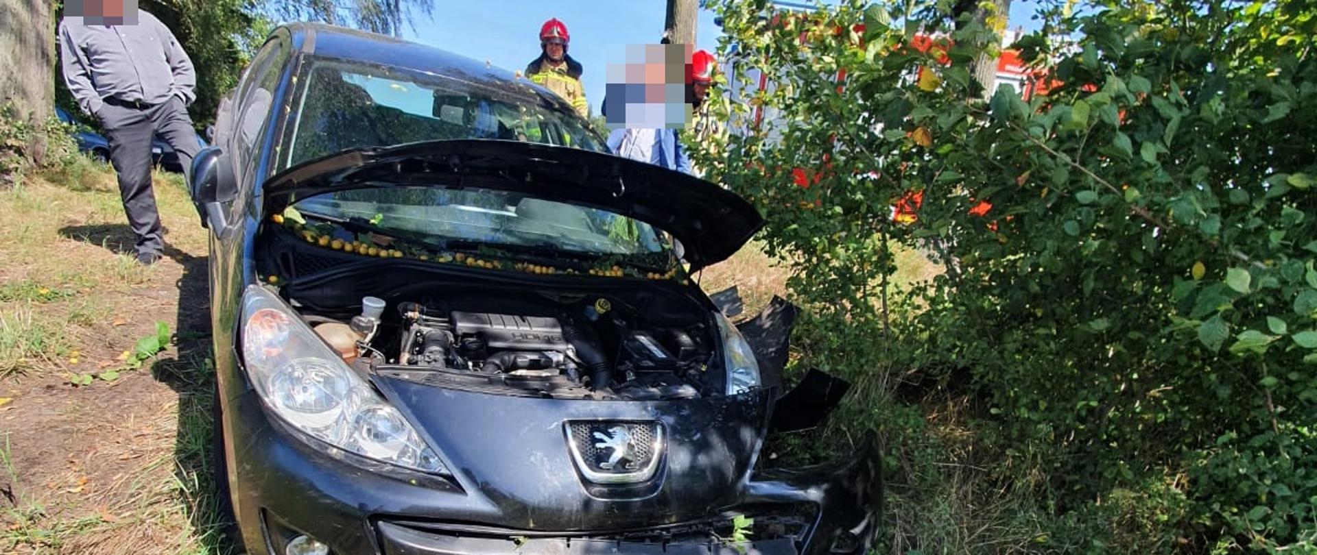 Na zdjęciu widać rozbity pojazd, strażaków oraz osoby postronne 