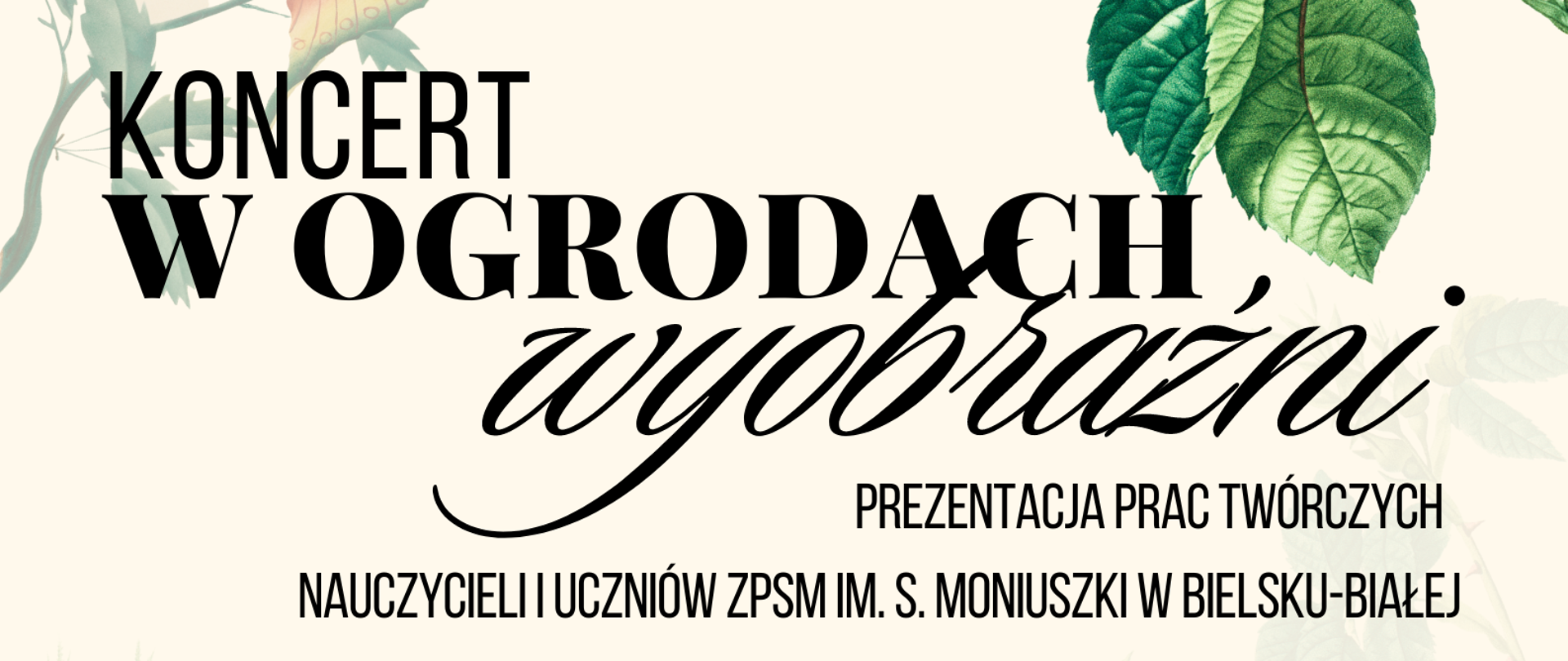 kolorowe tło z motywami roślinnymi na środku napis koncert w ogrodach wyobraźni 
