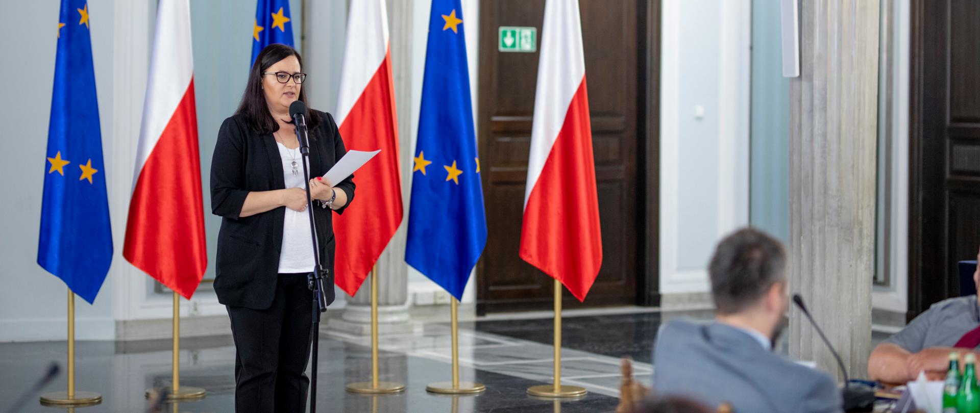 Na zdjęciu wiceminister Małgorzata Jarosińska-Jedynak przy mikrofonie podczas przemówienia, za nią sześć naprzemiennie ustawionych flag (unijne i polskie), po prawej w rogu część osób uczestniczących w konferencji przy stołach. 