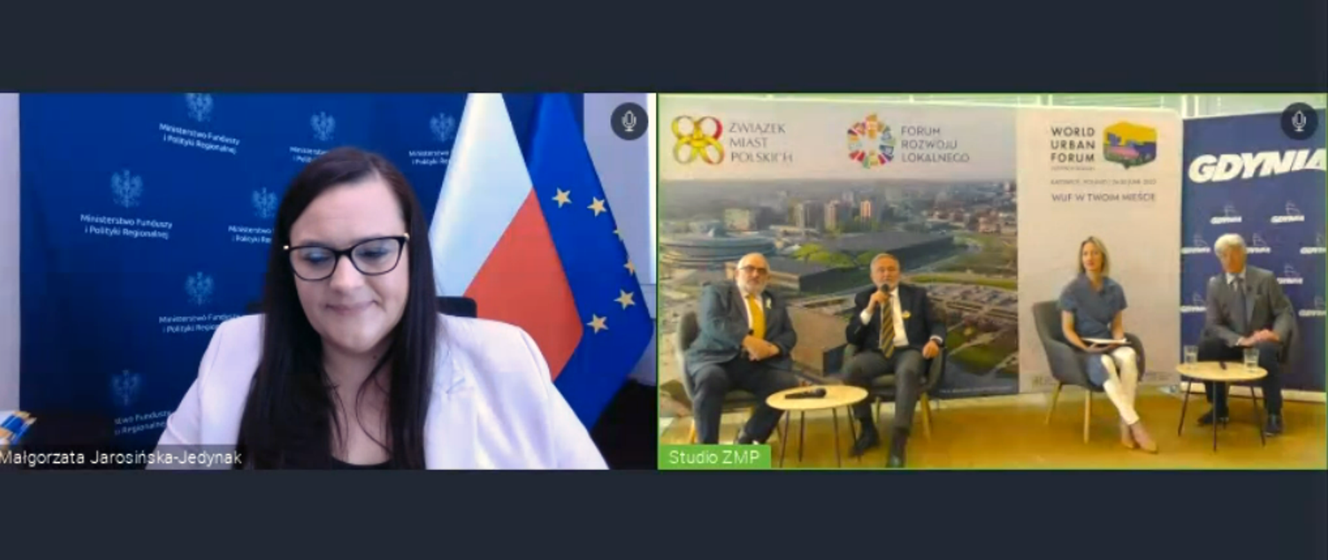 Na zdalnym połączeniu w lewym oknie wiceminister Małgorzata Jarosińska-Jedynak. W drugim oknie uczestnicy seminarium siedzą przy stolikach.