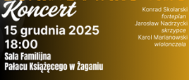 Na ciemnobrązowym tle u góry napis Boarte Piano Trio. Poniżej informacje o miejscu i dacie koncertu, po prawej skład zespołu. Na dole program koncertu oraz zdjęcie wykonaców z instrumentami . Na dole logotypy organizatorów. 