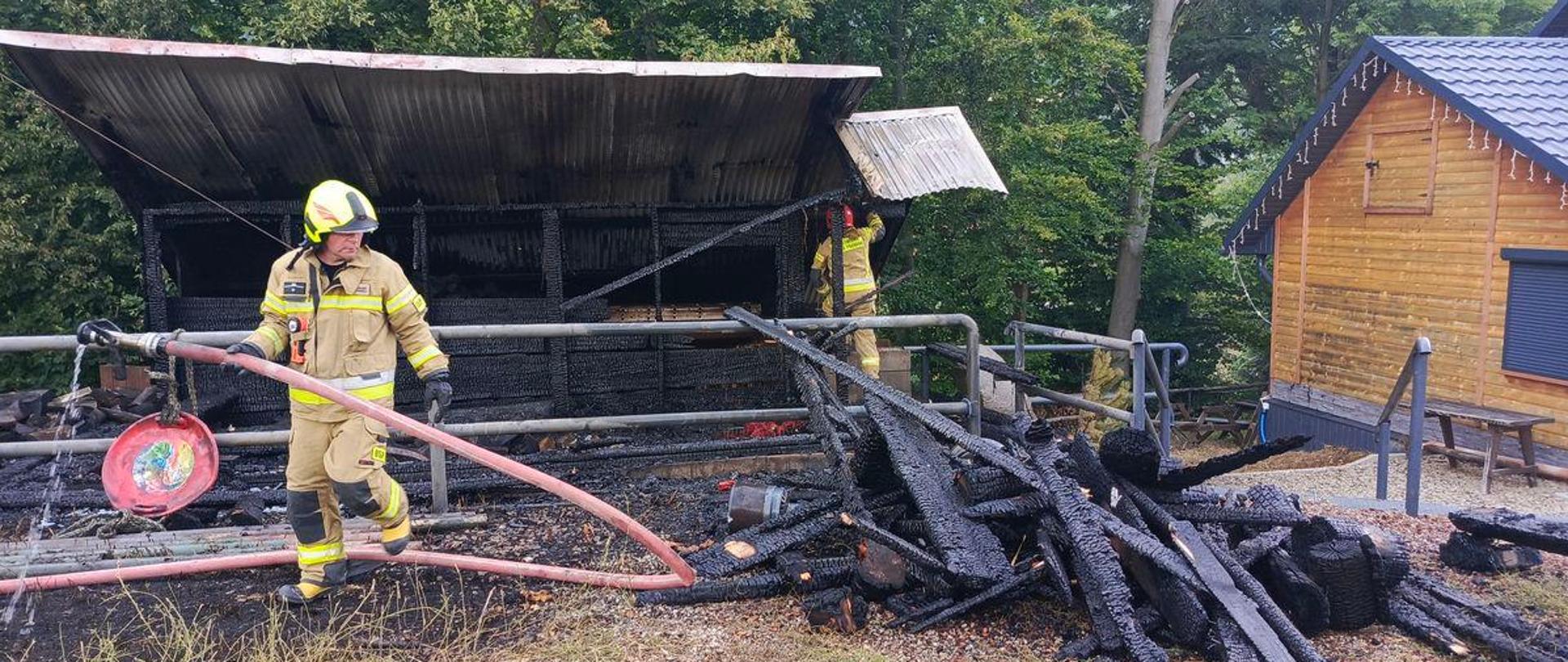 Strażak z prądem wody na tle spalonego budynku