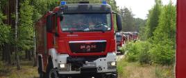 Zdjęcie przedstawia kolumnę pojazdów pożarniczych przyjeżdżających do miejsca ćwiczeń w lesie.