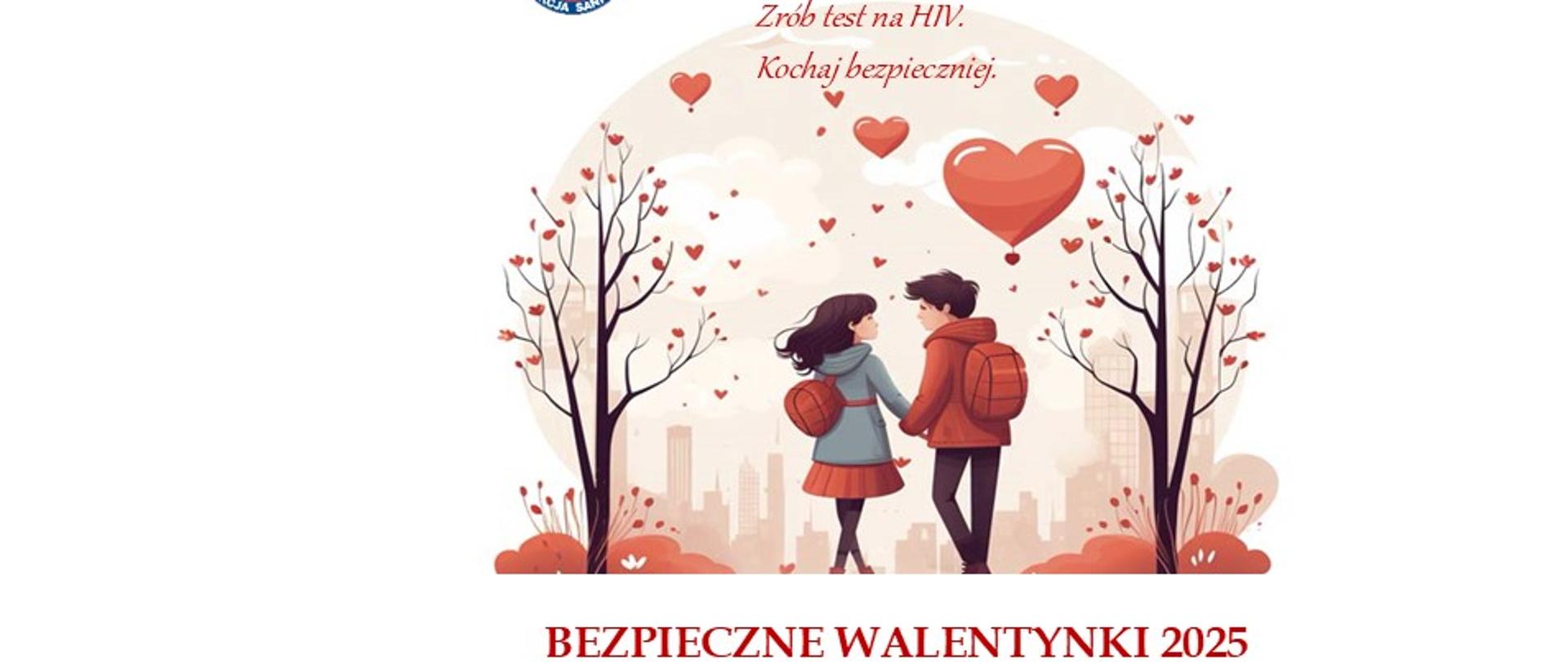 grafika przedstawia mężczyznę i kobietę trzymających się za ręce, idących w kierunku miasta w tle. nad głowami czerwone balony serca
pod grafiką napis bezpieczne walentynki 2025