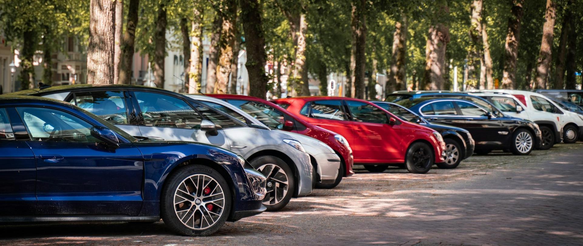 Rząd zaparkowanych samochodów osobowych stojących wzdłuż alejki obsadzonej drzewami, widok z boku w dzień.