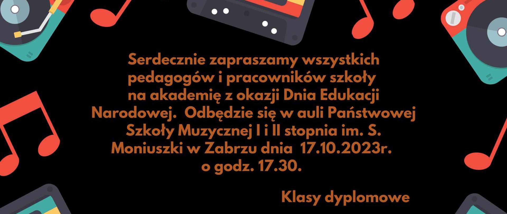 na czarnym tle pomarańczowy napis, pomarańczowe nutki i elementy do odtwarzania muzyki
