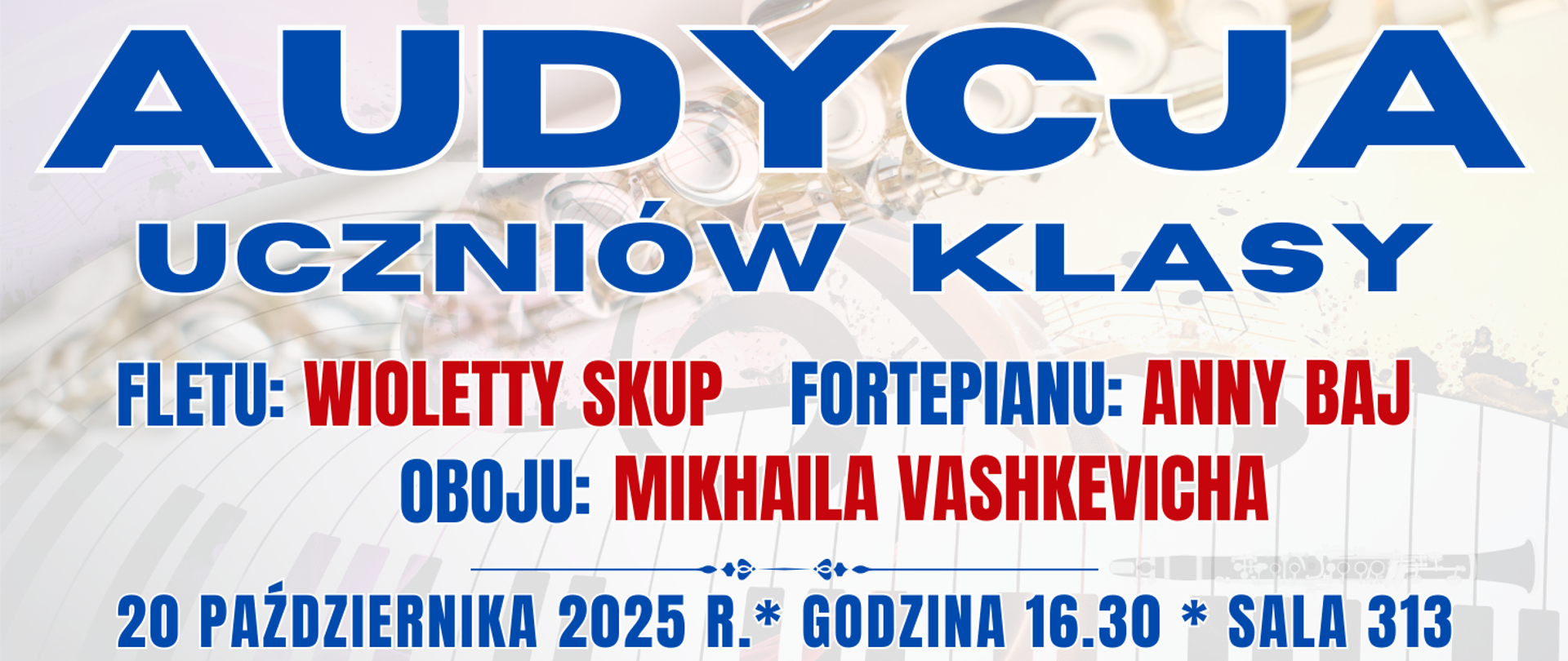 baner w tle półprzezroczysty flet leżący na nutach i klawiaturze fortepianu oraz informacja o wydarzeniu