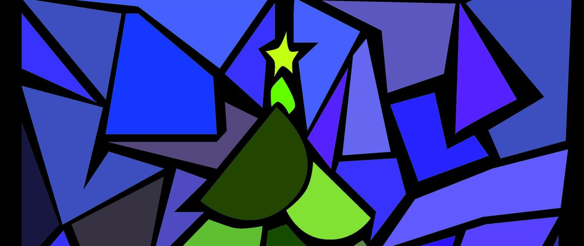 Kartka świątecznaj przedstawiająca zieloną choinkę i niebieskie tło