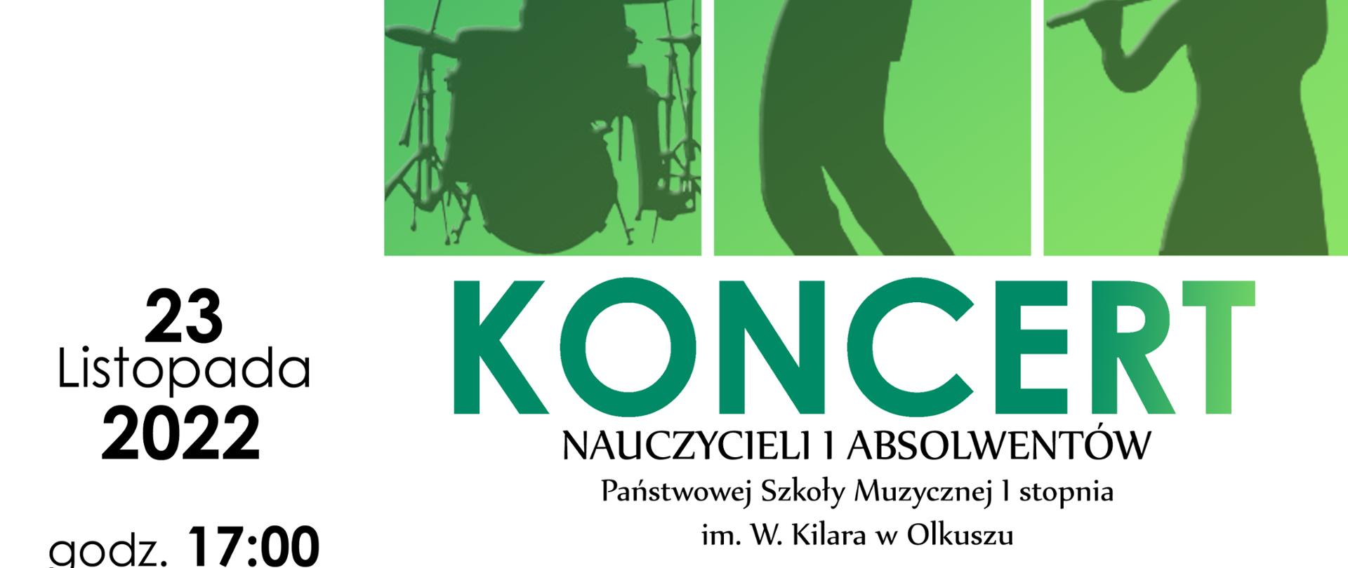 białe tło, z prawej strony zielone prostokąty z sylwetkami muzyków