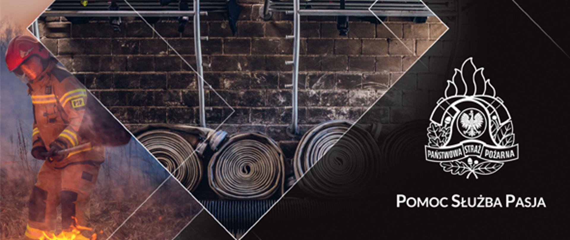 Wzór kalendarza strażackiego na rok 2021 rok. Na górze hełmy strażackie w szatni, poniżej strażak gaszący pożar trawy. Na dole miesiące kalendarza.