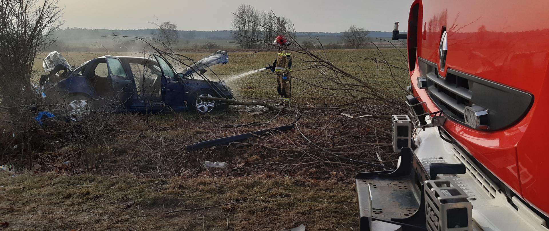 Na zdjęciu widzimy strażaka, który gasi pożar samochodu osobowego. Samochód leży poza jezdnią. Strażak ubrany jest w umundurowanie bojowe i hełm.