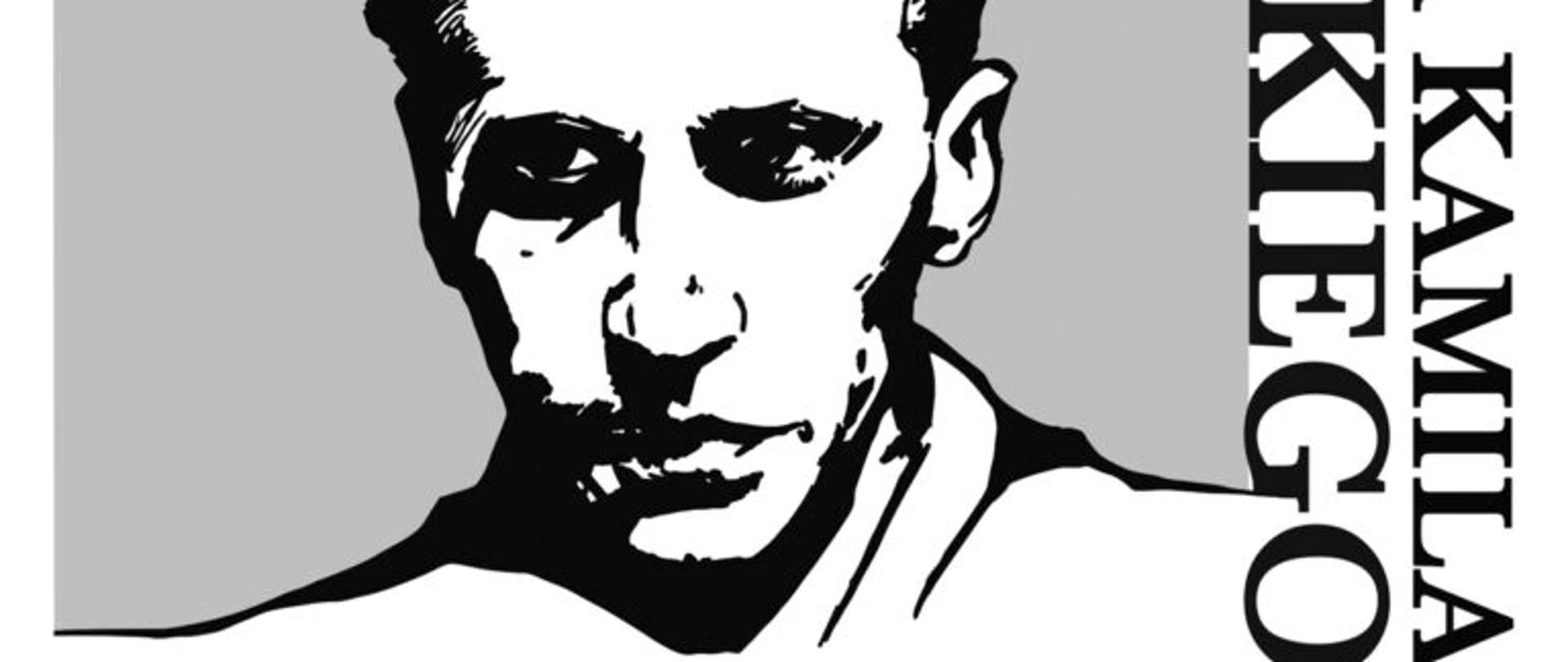 Szkic popiersia Kamila Baczyńskiego otoczony tytułem konkursu