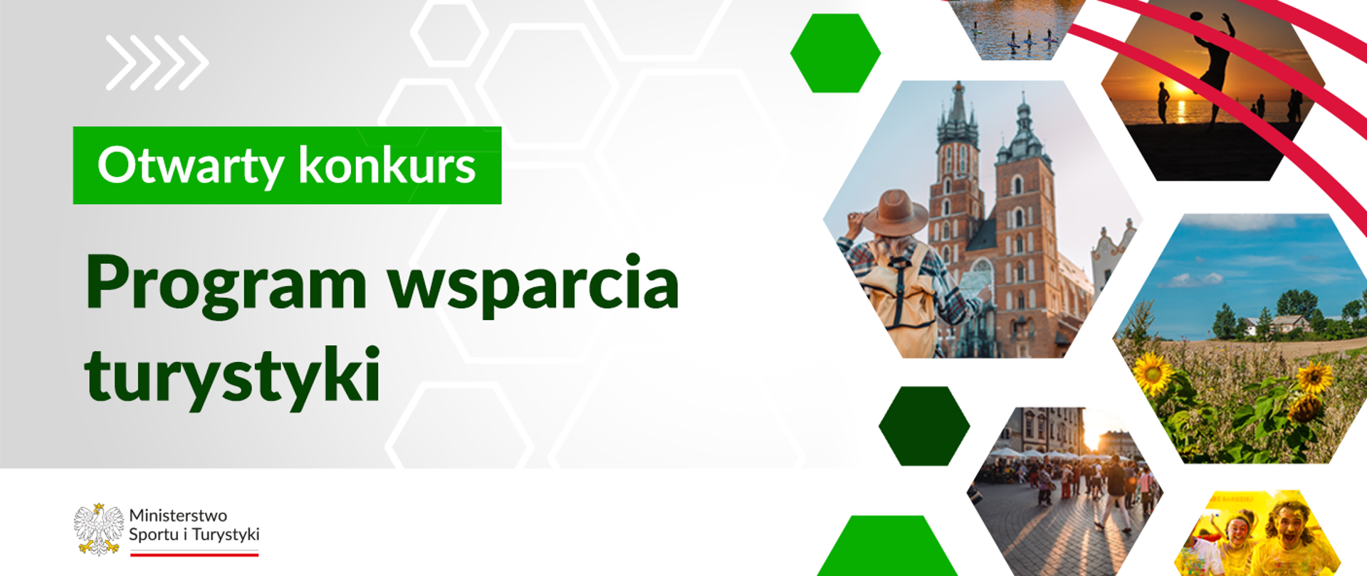 Kilka fotografii przedstawiających piękno miast i krajobrazów Polski - Kościół Mariacki w Krakowie, na który spogląda turysta w kapeluszu. Ponadto pole słoneczników, plaża o zachodzie słońca, rynek starego miasta. Napis otwarty konkurs - Program Wsparcia Turystyki