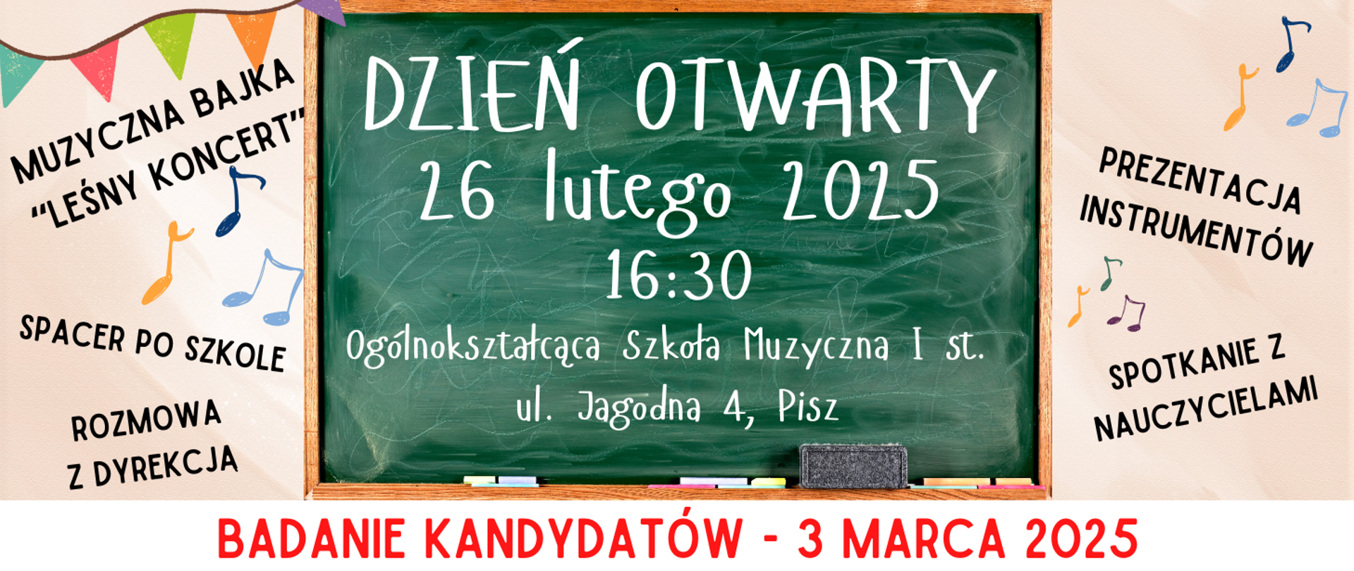 Na kolorowym tle tablica szkolna z informacja: Dzień otwarty 26.02.2025r. godz. 16.30