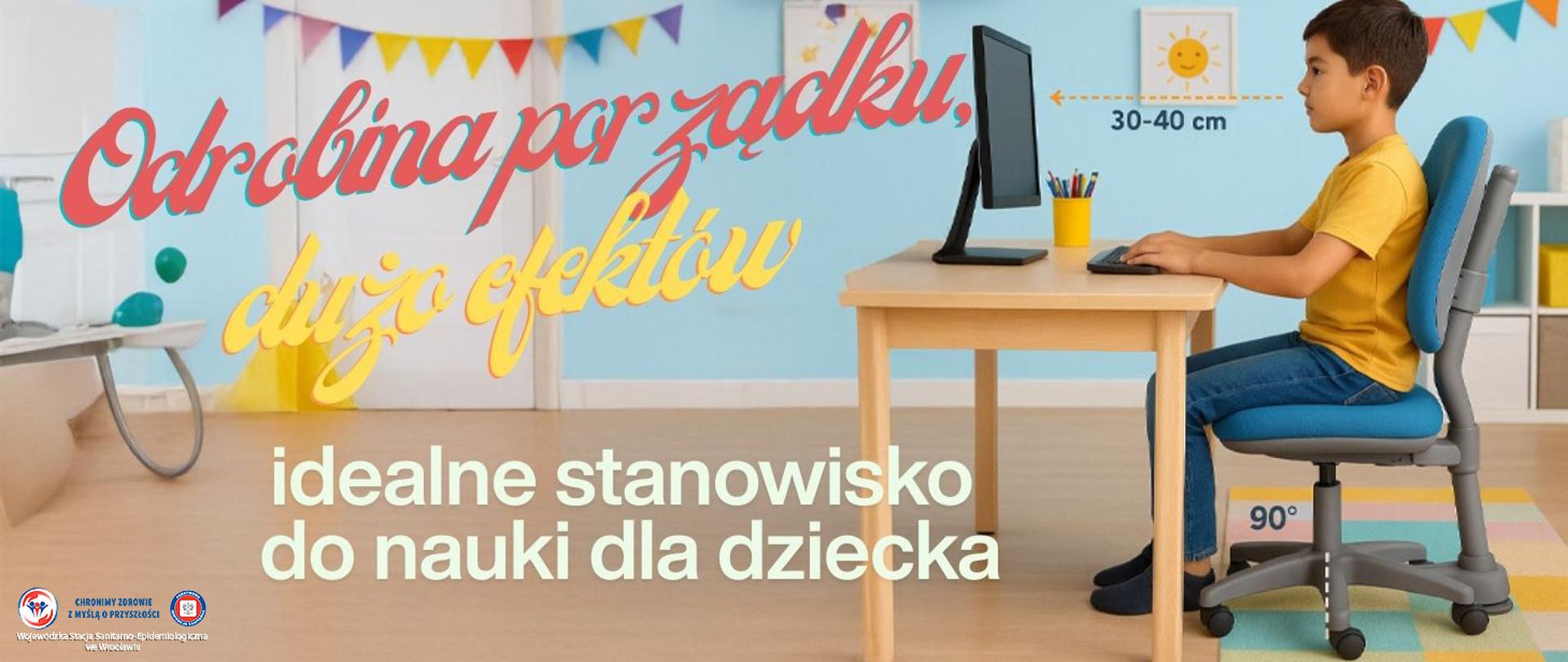 Chłopiec siedzący przy biurku z zaznaczonymi prawidłowymi odległościami od monitora komputerowego