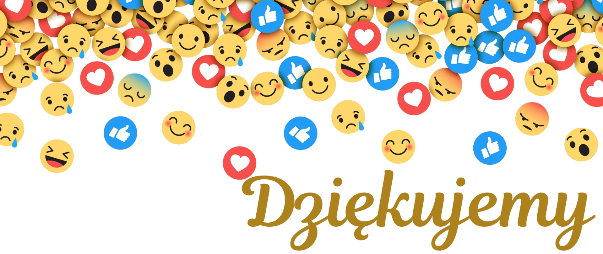Tło obrazka w kolorze białym. W górnej części żółte, czerwone i niebieskie emotikony. W dolnym prawym rogu brązowy napis "dziękujemy"