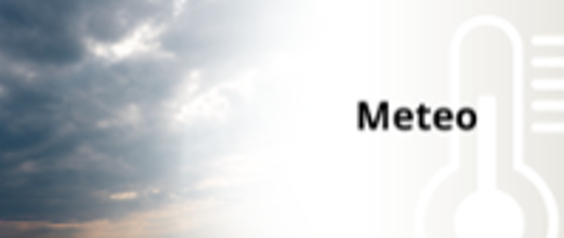 zdjęcie przedstawia po lewej stronie niebo z burzowymi chmurami, po prawej na beżowym tle z zarysem grafiki termometru widoczny czarny napis Meteo