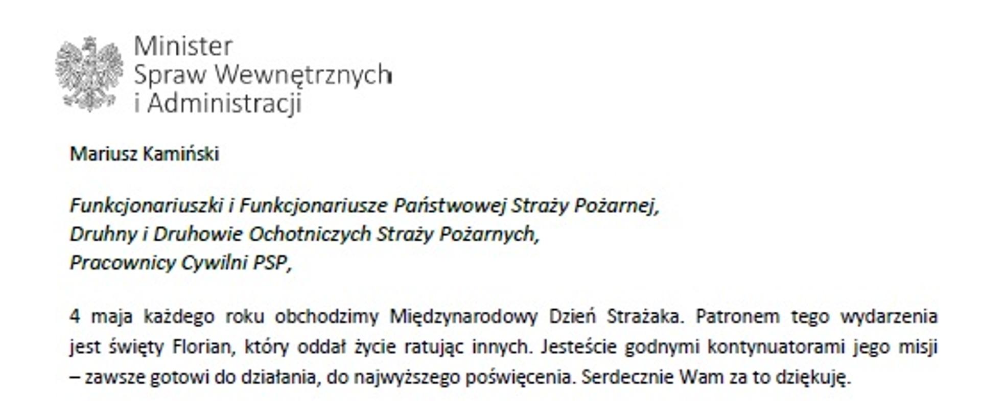Życzenia Ministra Spraw Wewnętrznych i Administracji z okazji Dnia Strażaka