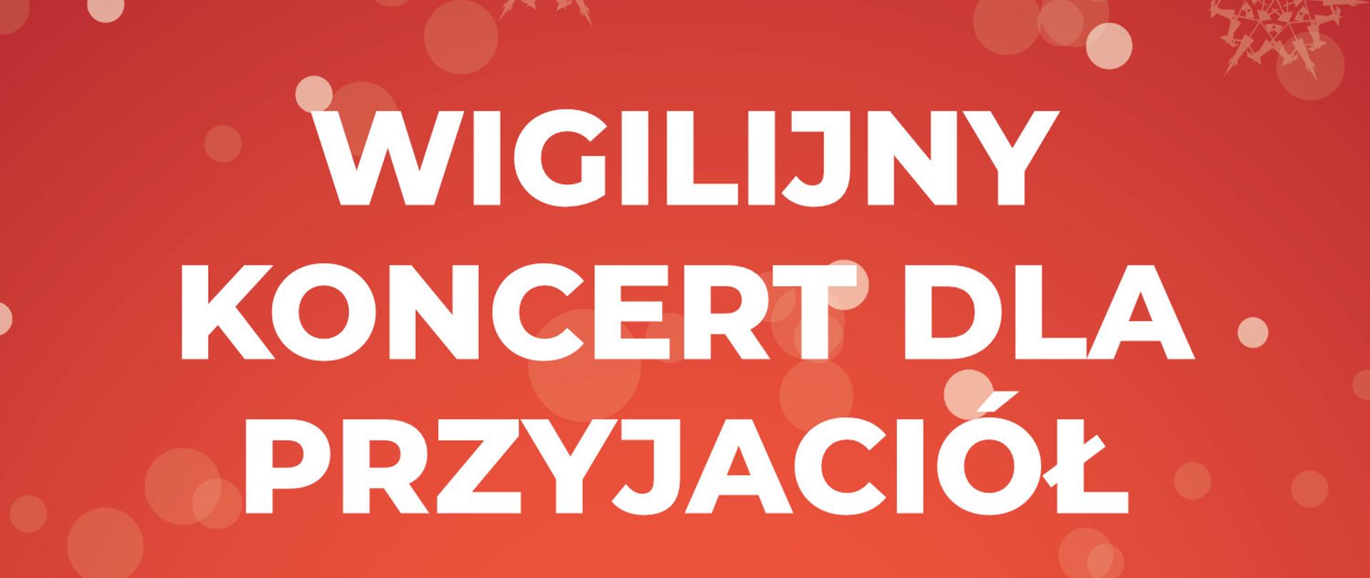 Plakat informujący o „Wigilijnym Koncercie dla Przyjaciół” organizowanym przez Państwową Szkołę Muzyczną I i II stopnia w Suwałkach. Koncert odbędzie się 18 grudnia 2025 roku (czwartek) o godzinie 18.00 w sali koncertowej szkoły. Wystąpią uczniowie i nauczyciele PSM I i II stopnia w Suwałkach. Plakat ma czerwoną, świąteczną kolorystykę z motywem zimowego miasteczka, domków, choinek i padającego śniegu. Logo szkoły umieszczone jest u góry plakatu.
