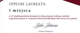 Plakat ma elegancki wygląd z bordowym nagłówkiem i złotym medalem z cyfrą 1 w prawym górnym rogu. Centralnie umieszczono tekst informujący o zdobyciu I miejsca przez Zofię Żelazną w IV Ogólnopolskim Konkursie Muzycznym w ramach Festiwalu Młodego Wirtuoza. W dolnej części widnieją nazwiska licznego grona jurorów oraz podpis dyrektora festiwalu.