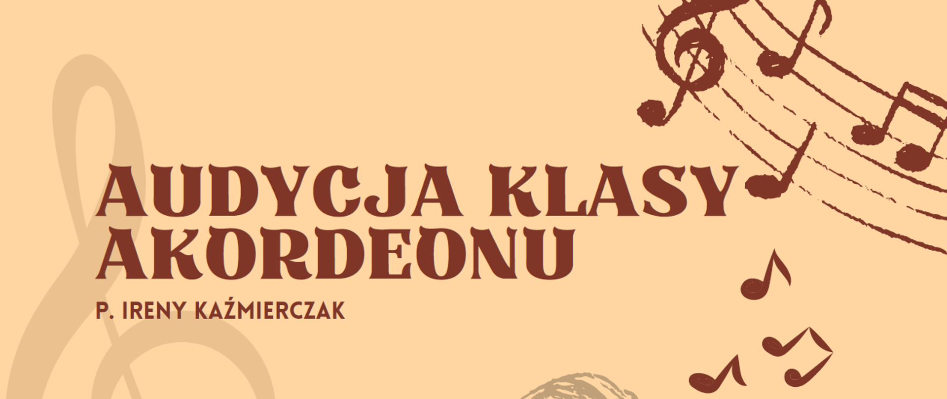 Plakat na różowym tle z ciemnoróżowymi napisami i nutkami oraz szarymi grafikami klucza wiolinowego i akordeonu. 