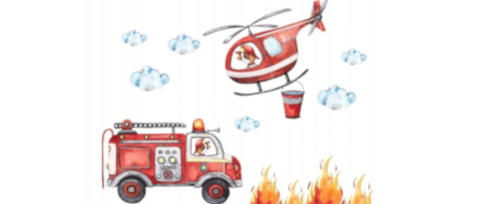 rysunek wozu strażackiego oraz helikoptera