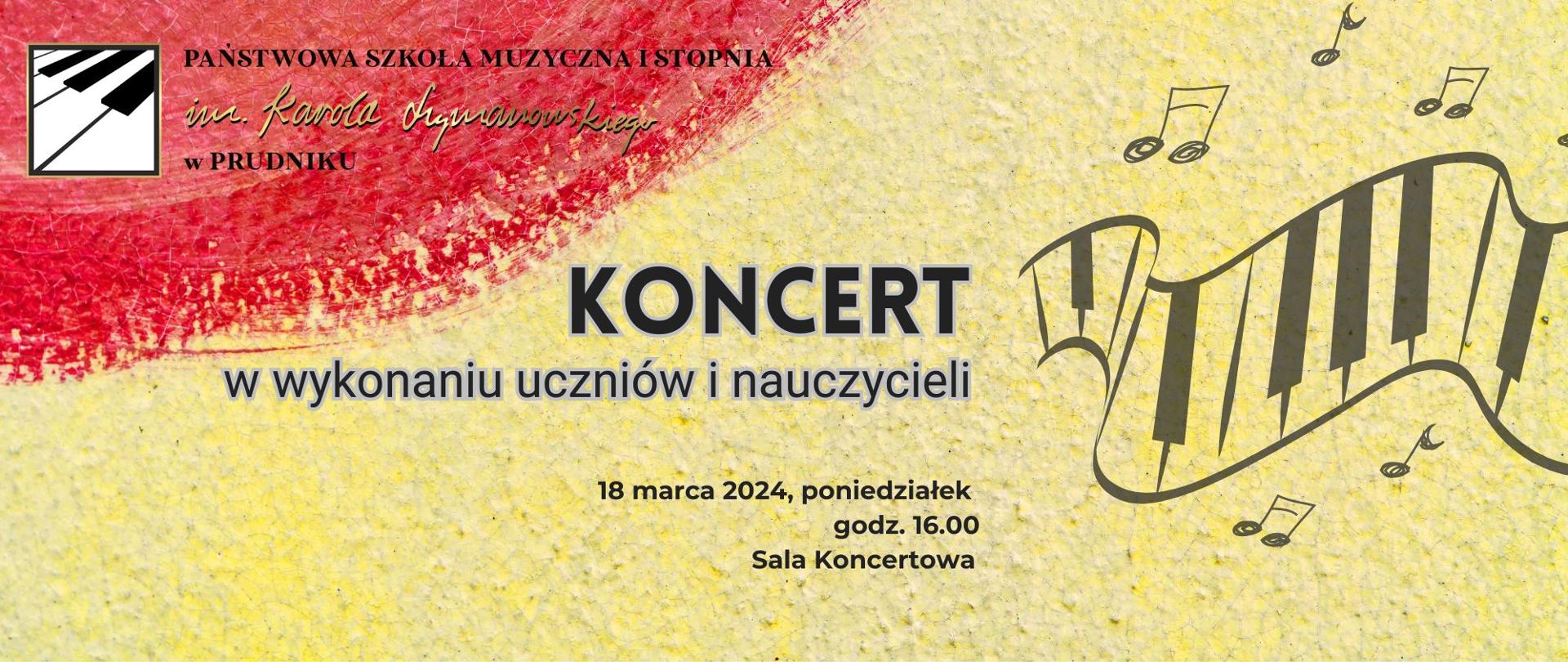 Plakat z informacja o koncercie. Na czerwono-żółtym tle napisy. W górnej części logo szkoły. W dolnej części ikonografia klawiatury fortepianowej i nutki.