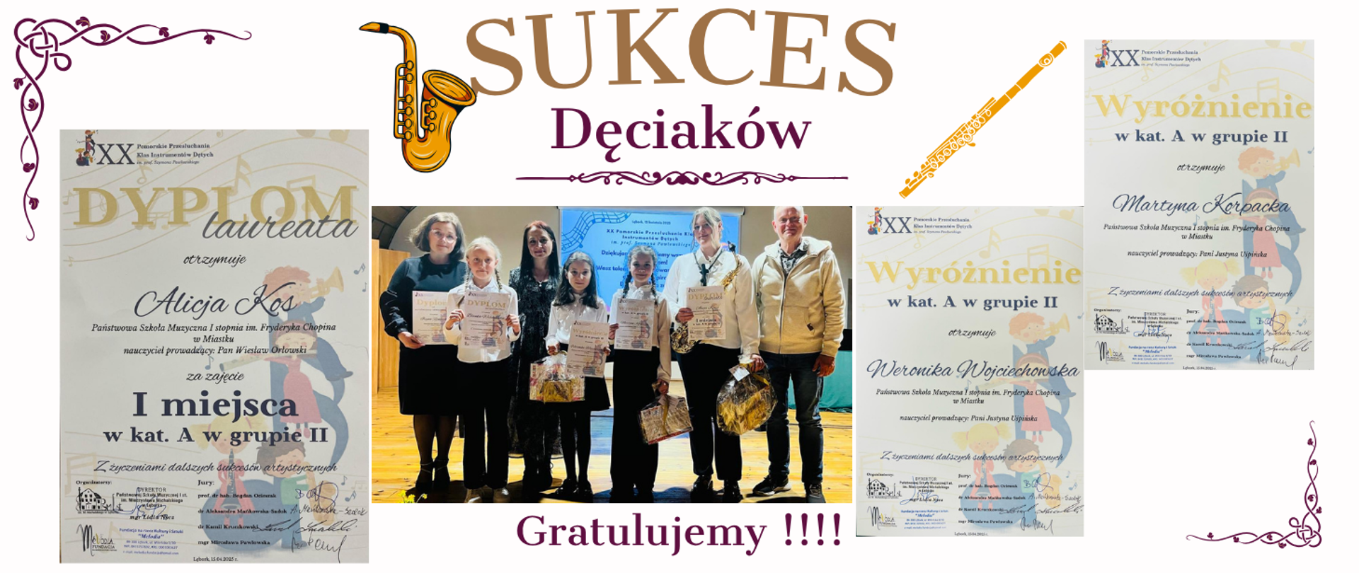 Grafika składa się z czterech części. Po lewej stronie widoczny jest dyplom Alicji Kos za zajęcie pierwszego miejsca w kategorii A, w grupie II. W centralnej części znajduje się zdjęcie grupowe uczniów wraz z nauczycielami oraz panią akompaniator. Po prawej stronie umieszczono dwa dyplomy z wyróżnieniem: pierwszy dla Weroniki Wojciechowskiej, drugi dla Martyny Korpackiej.