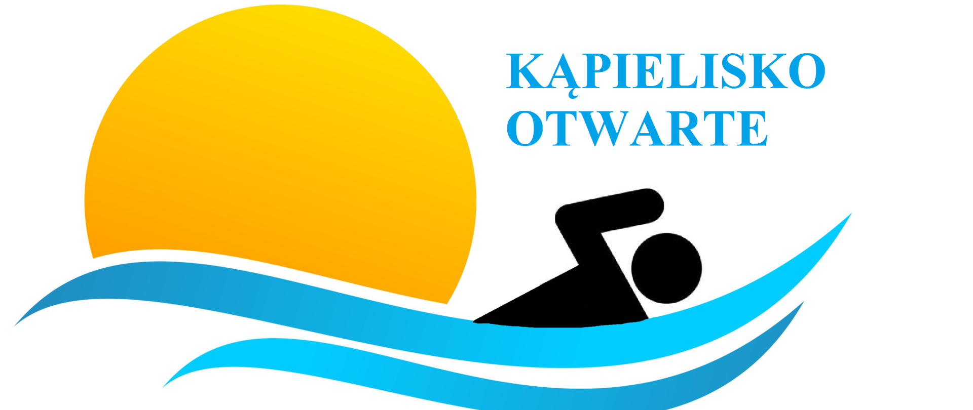 logo słońce woda i pływak i napis kąpielisko otwarte