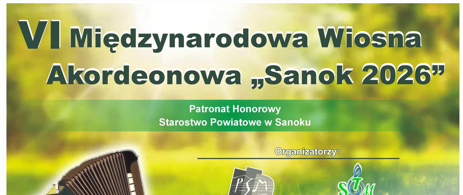 Plakat Międzynarodowa Wiosna Akordeonowa Sanok 2026. W tle akordeon i wiosenne kolory. Na dole strony loga sponsorów imprezy.