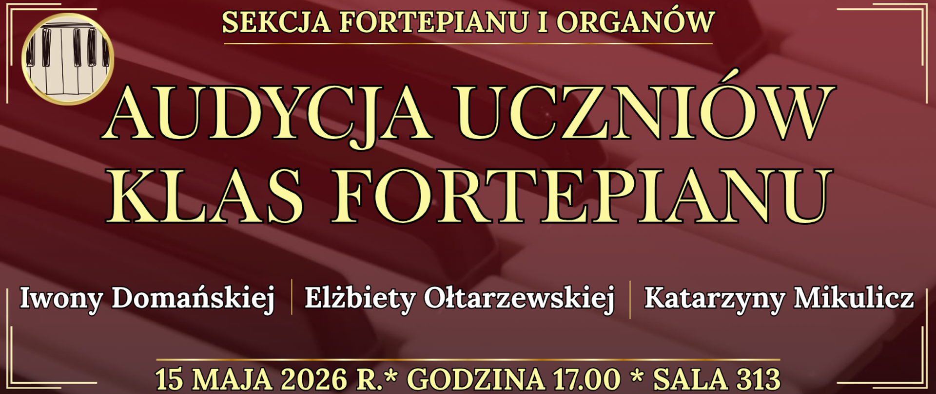 baner w tle klawiatura fortepianu oraz informacja o wydarzeniu
