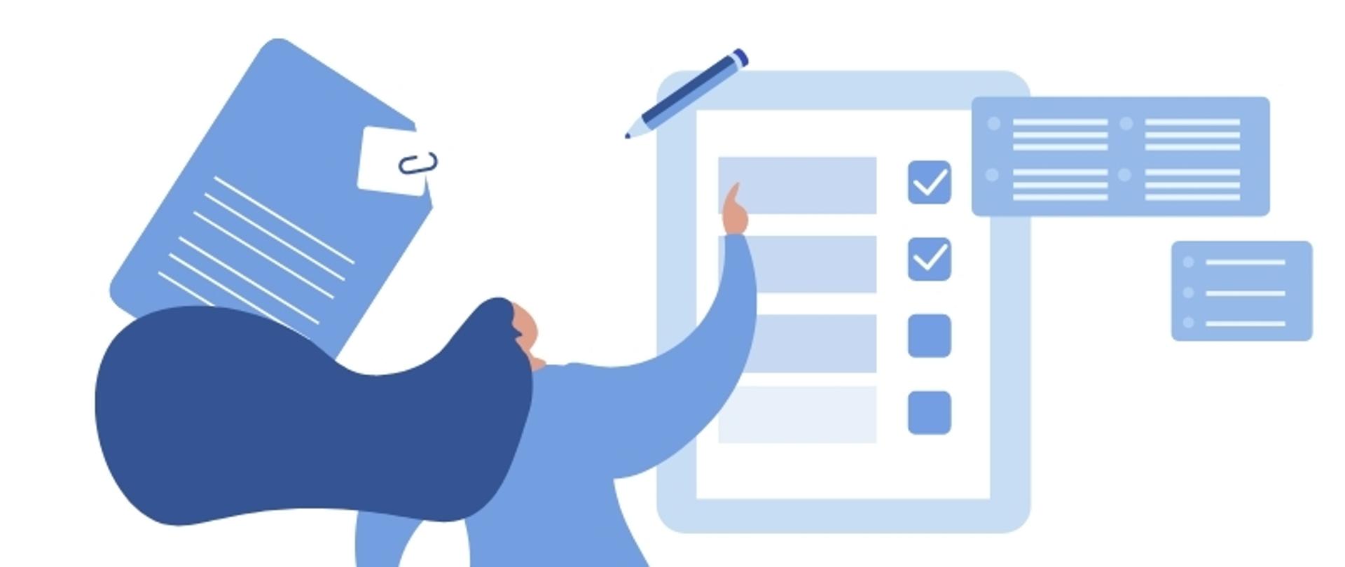 Illustration of a person with long hair pointing at a checklist on a large clipboard, with floating documents, note cards, and a pen; blue and white color scheme.