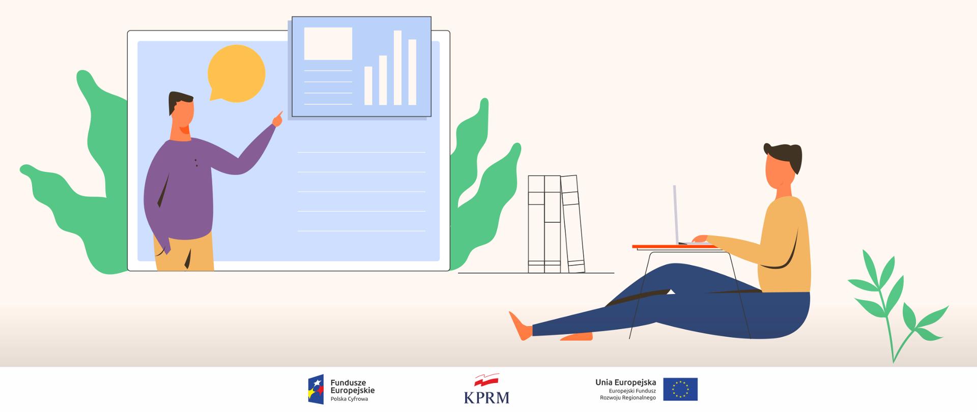 Grafika wektorowa. Z prawej strony siedzący na podłodze mężczyzna korzystający z laptopa. Z lewej strony, na ekranie - mężczyzna wskazujący palcem na błękitne wykresy.