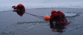załamany lód, w przerębli znajduje się człowiek który jest wyciągany przez strażaka za pomocą rzutki ratowniczej.