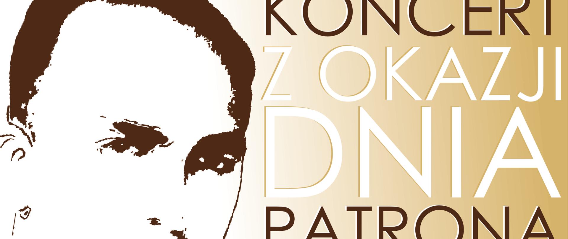 Plakat tło jasnobrązowe u góry ciemnobrązowe na dole, z lewej strony grafika przedstawiająca twarz patrona Jerzego Hellera w latach młodości z prawej strony napis koncert z okazji dnia patrona szkoły poniżej napis 20 listopada 2025 godzina 16:30 sala kameralna wstęp wolny