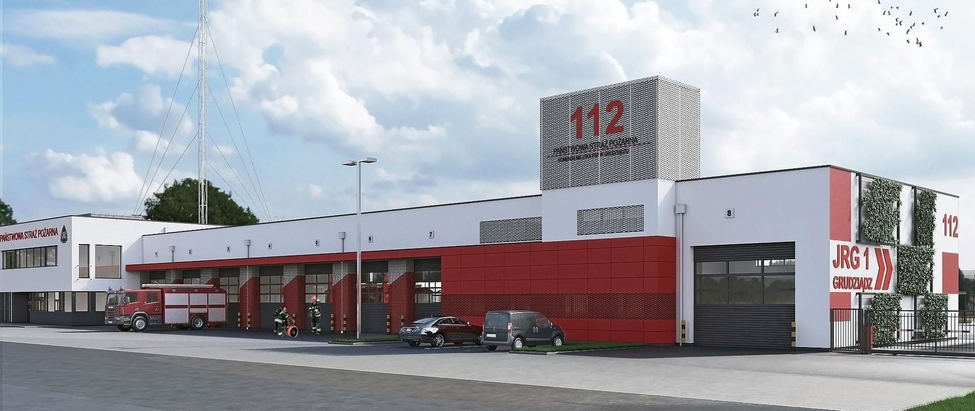 Grafika przedstawia biało-czerwono-szary budynek z płaskim dachem z czerwonymi napisami „112” i „JRG 1 Grudziądz”. Przed budynkiem stoją pojazdy. W tle białe chmury i latające ptaki.