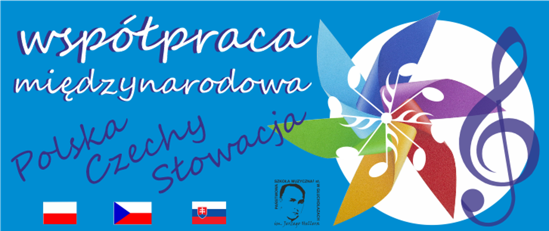 Plakat - format panoramiczny. Tło niebieskie. Napis od góry - współpraca międzynarodowa, Polska-Czechy-Słowacja, pod spodem od lewej strony, flagi Polski, Czech, Słowacji. Na dole pośrodku logo PSM w Głuchołazach. Z prawej strony białe koło jako tło na którym jest kolorowy wiatrak i granatowy klucz wiolinowy.