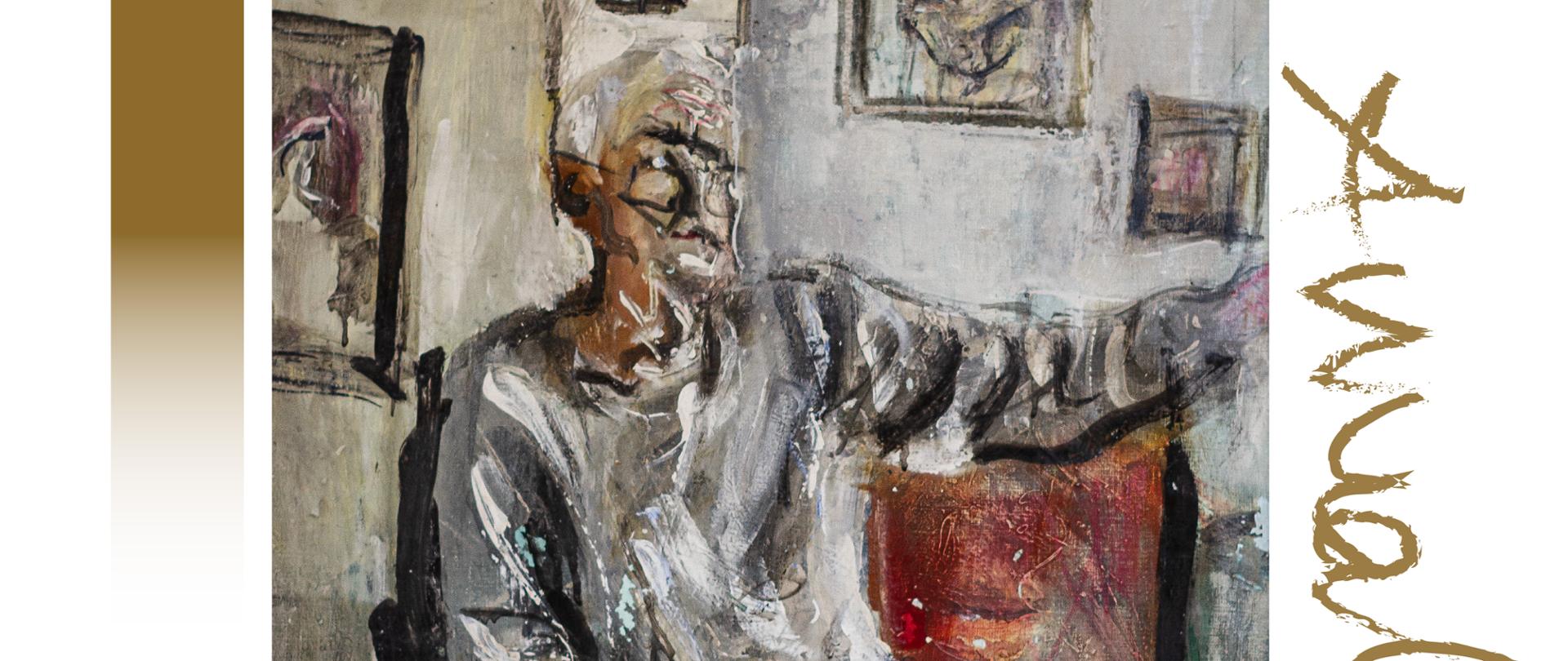 Grafika przedstawia plakat informujący o Wystawie Malarstwa Arkadiusza Walocha wieloletniego Pedagoga Państwowego Liceum Sztuk Plastycznych im. Antoniego Kenara w Zakopanem. Autorem projektu jest: Adam Soroczyński nauczyciel grafiki w PLSP im. A. Kenara w Zakopanem. Centralnie na białym tle znajduje się fotografia obrazu olejnego Arkadiusza Walocha. Na obrazie przedstawiony jest autoportret artysty malarza. Widzimy Arkadiusza Walocha w swojej pracowni. Artysta siedzi na krześle i maluje obraz. Nie widzimy jednak obrazu ani sztalugi. Mężczyzna ma założone okulary, ma na sobie założoną jasną bluzę i czarne spodnie. W tle widzimy na szarej ścianie cztery obrazy. Obrazy środkowe przedstawiają Matkę Boską Częstochowską i Papieża Jana Pawła II. U góry nad obrazem widnieje napis: Arkadiusz Waloch Malarstwo. Po prawej stronie w pionie widzimy autograf artysty napisany w kolorze mosiądzu. Po lewej stronie na dole widnieje podpis autora plakatu: Adam Soroczyński. Na samym dole od lewej strony widzimy jubileuszowe logo szkoły, następnie napis: Wystawa Malarstwa Arkadiusza Walocha wieloletniego Pedagoga Państwowego Liceum Sztuk Plastycznych im. Antoniego Kenara w Zakopanem rozpoczyna cykl wydarzeń artystycznych Jubileuszu 150-lecia Szkoły. Na środku widzimy herb Miasta Zakopane i tekst: Patronat Honorowy Burmistrz Miasta Zakopane. Po prawej stronie na dole widzimy jeszcze informację: Wernisaż Wystawy: 11 lutego 2025 roku, godzina 14.00 Galeria "Strug" PLSP im. A. Kenara w Zakopanem, wystawa czynna do 6 marca 2025 r.