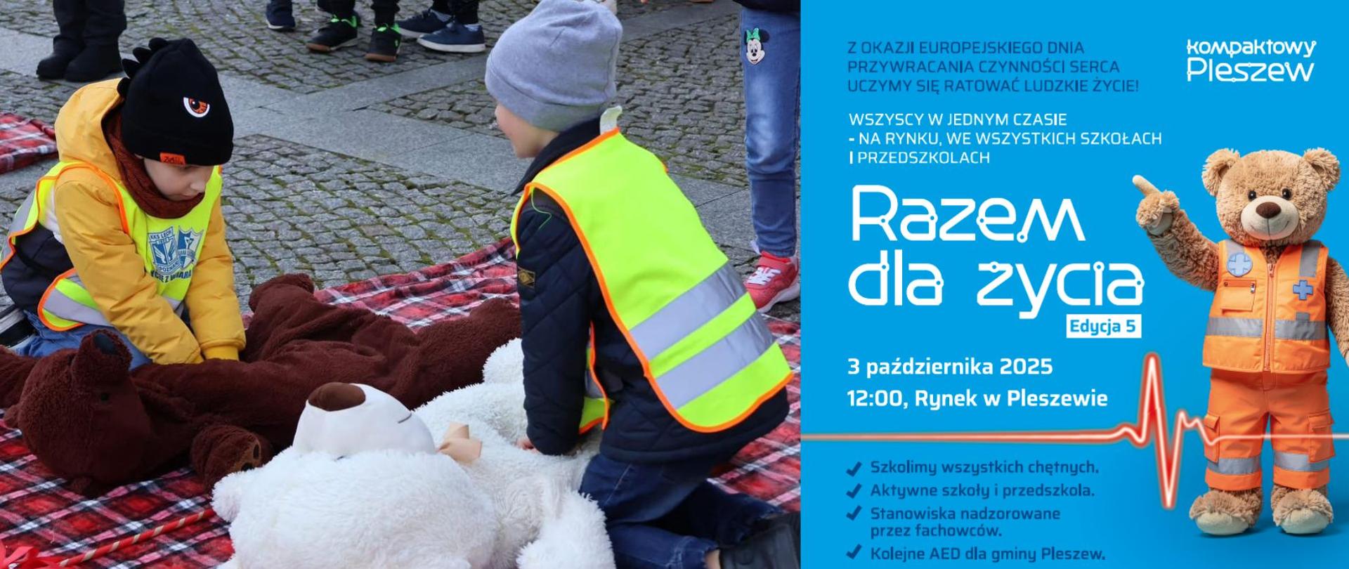 dwoje dzieci wykonujących reanimacje na misiu