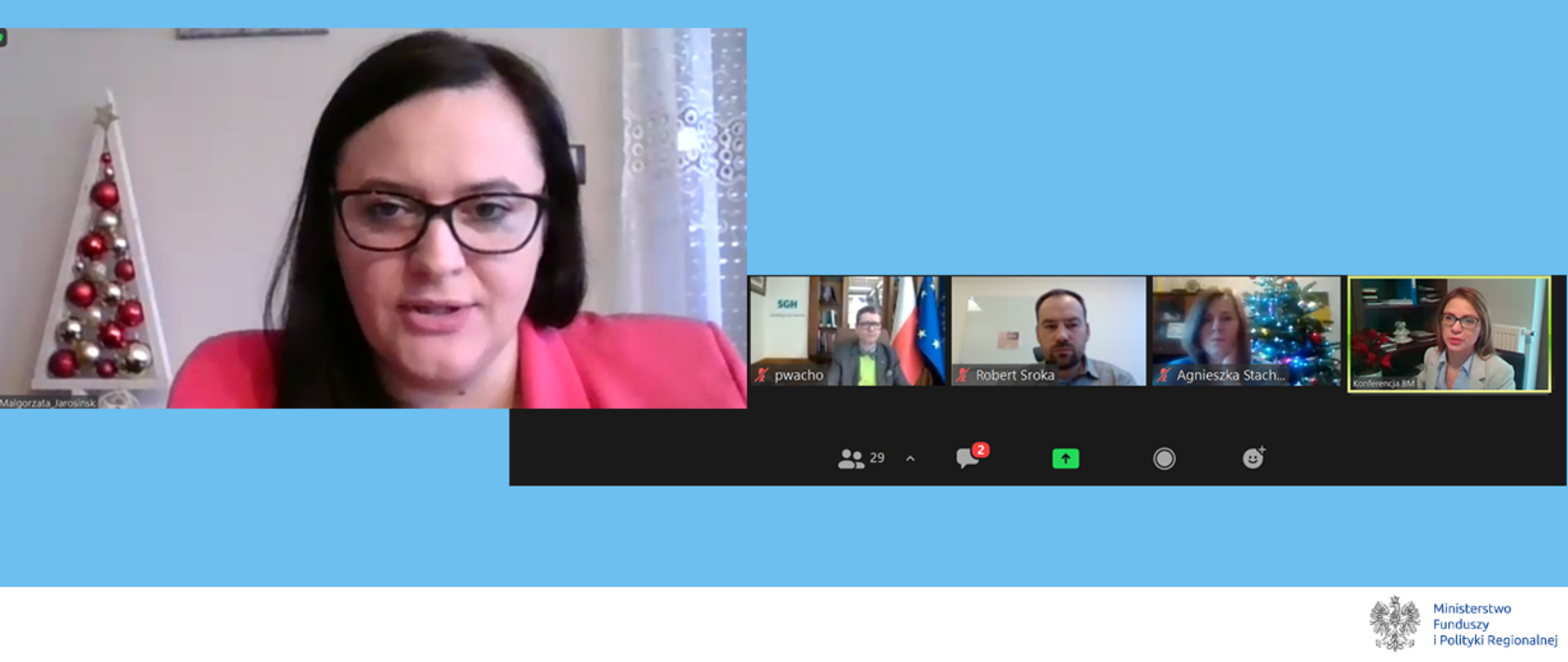 Na grafice screen ekranu, na którym są uczestnicy posiedzenia Zespołu do spraw Zrównoważonego Rozwoju i Społecznej Odpowiedzialności Przedsiębiorstw. Z lewej wiceminister Małgorzata Jarosińska-Jedynak.