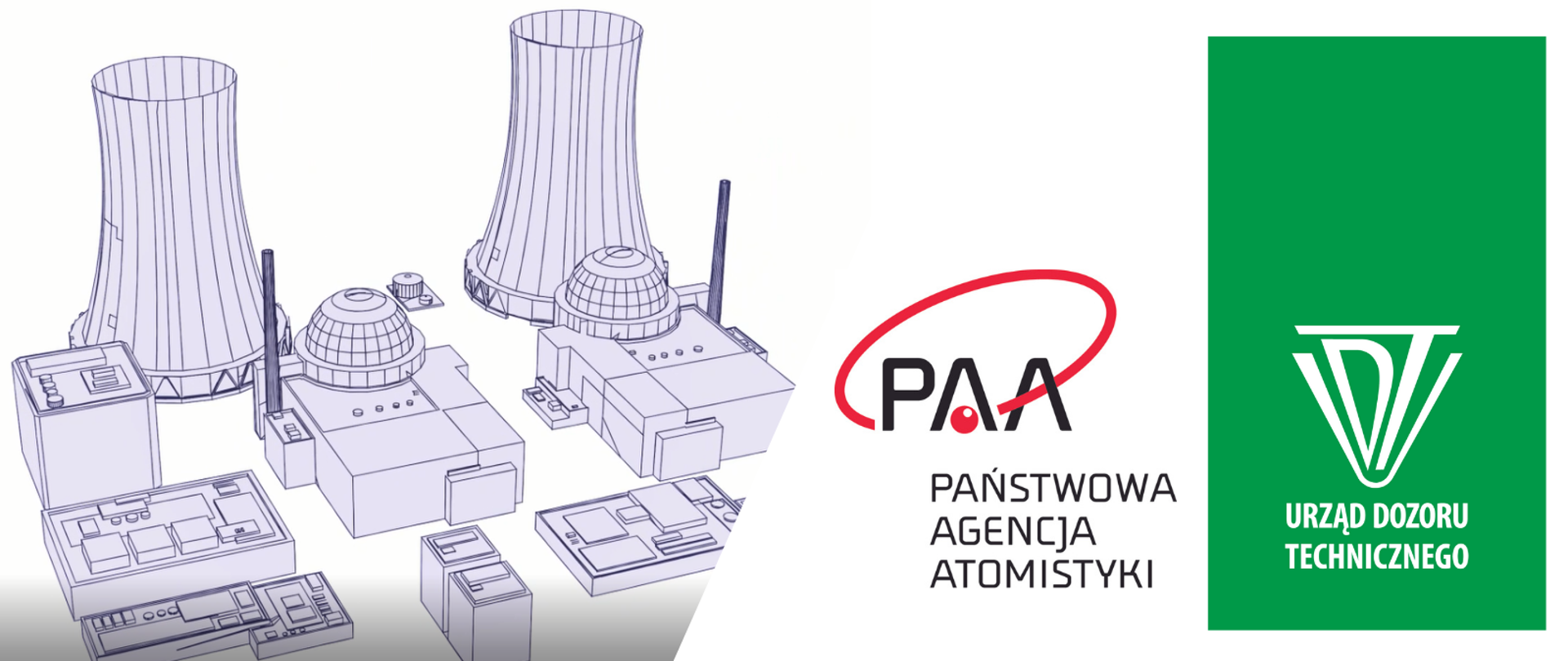 Grafika elektrowni jądrowej - dwa budynki reaktora, dwa kominy chłodzące. Obok logotypy Państwowej Agencji Atomistyki i Urzędu Dozoru Technicznego