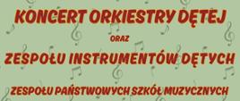 Plakat z wydarzeniem - Koncert Orkiestry Dętej oraz Zespołu Instrumentów Dętych, który odbędzie się 11 czerwca 2025r. o godz. 18:30 na Dziedzincu ZPSM w Dębicy; tło plakatu jasna zieleń na której rozrzucono ciemno zielone nuty, na środku plakatu umieszczono zdjęcie Orkiestry składającej się z uczniów szkoły, napisy w kolorze czerwonym 