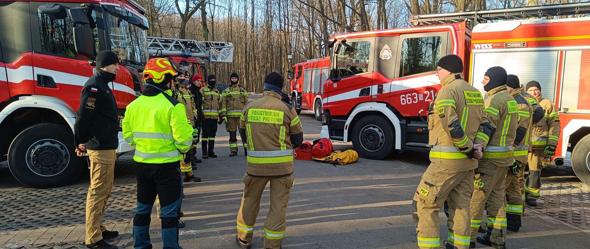 Strażacy stoją na tle samochodów pożarniczych podczas zbiórki na której ustalane są szczegóły ćwiczeń wysokościowych, w tle drzewa