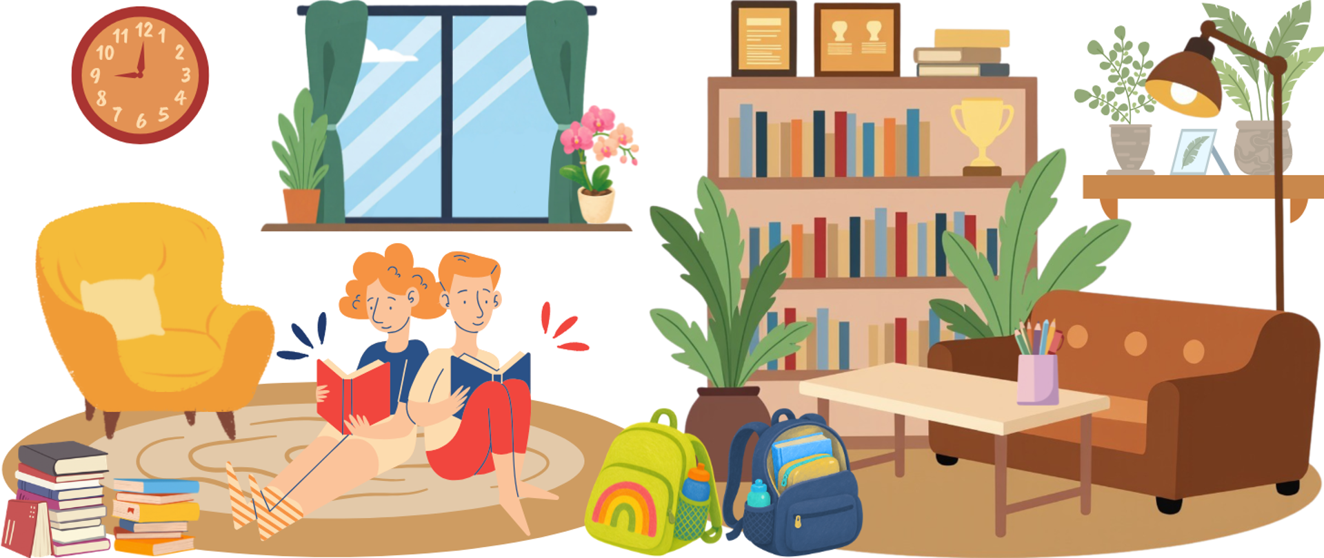 Ilustracyjny baner przedstawiający przytulną bibliotekę: dwoje dzieci czyta książki na dywanie, obok leżą stosy książek i plecak. W tle znajdują się fotel, duże okno z rośliną, regał pełen książek i pucharów oraz sofa, stolik z przyborami i liczne rośliny doniczkowe. Na ścianie widoczny jest zegar.