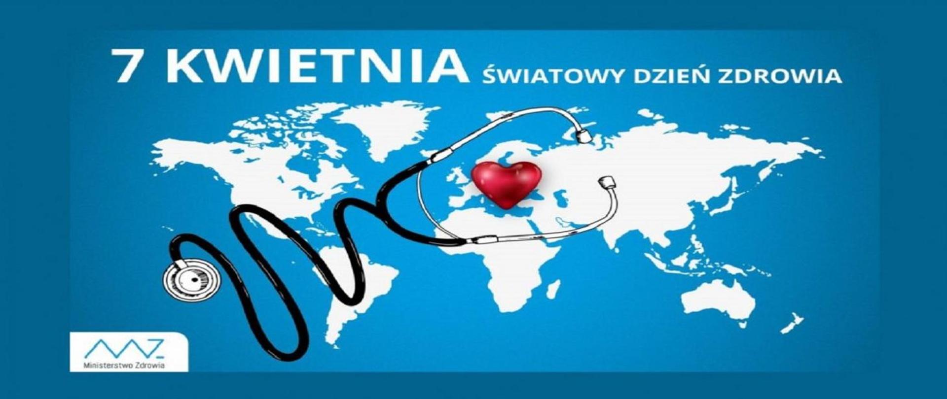 Logo Światowego Dnia Zdrowia, mapa świata, serce, stetoskop