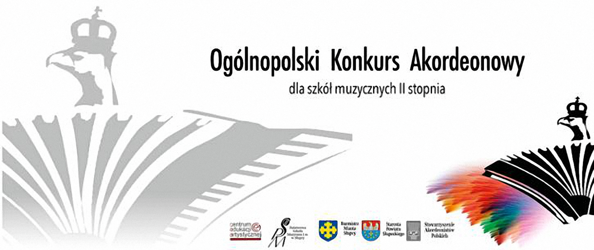 zdjęcie plakatu konkursu w Słupcy - na białym tle napisy informujące o konkursie, na dole logo konkursu - rysunek rozciągniętego akordeonu a nad nim głowa orła w koronie