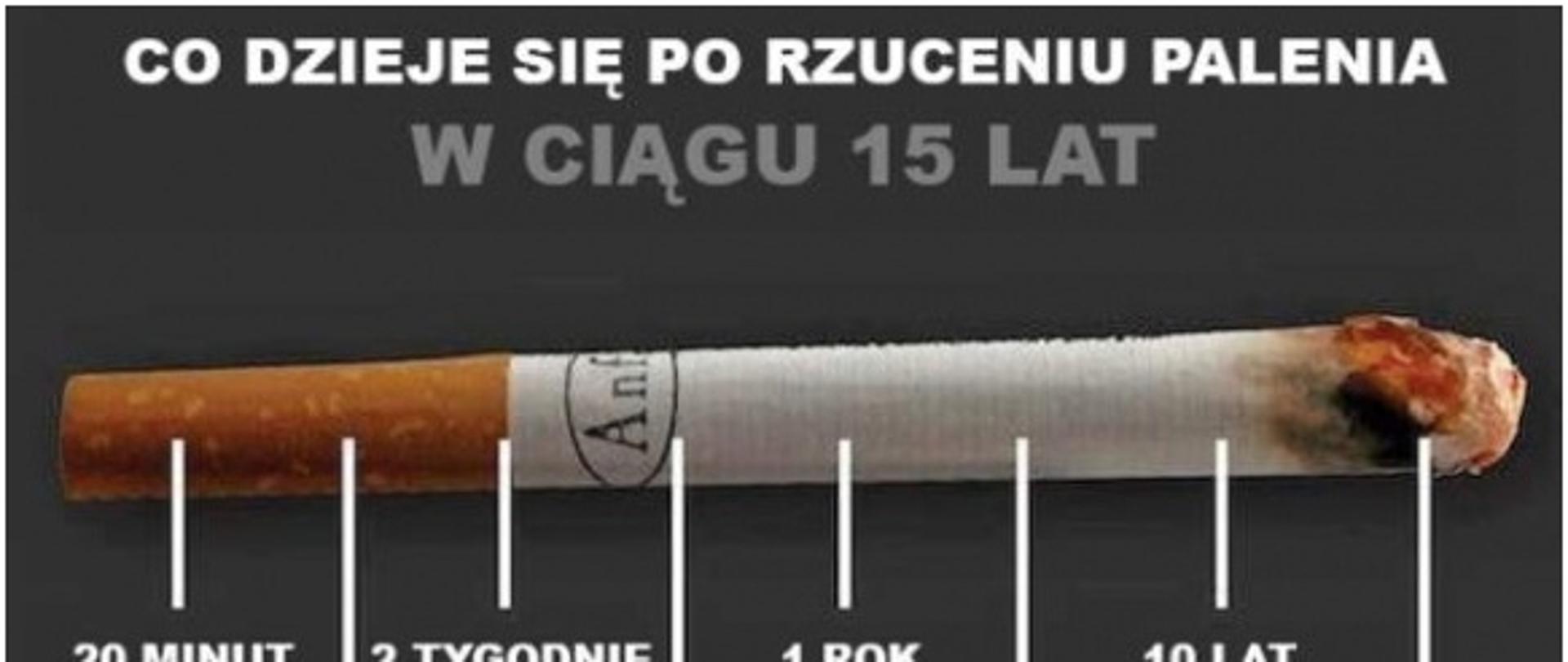 zdjęcie przedstawia papierosa i opis co dzieje się po rzuceniu palenia w ciągu 15 lat
