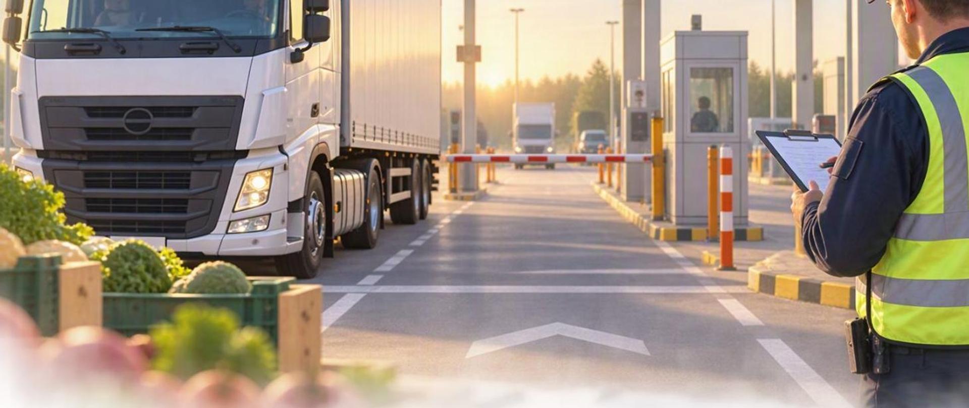 Kontrola graniczna transportu żywności. Na pierwszym planie widoczna jest ciężarówka z naczepą oczekująca na odprawę przy przejściu granicznym. Po prawej stronie znajduje się osoba przeprowadzająca kontrolę, trzymająca dokumenty na podkładce. W dolnej części zdjęcia widoczne są skrzynki ze świeżymi warzywami. W tle znajdują się stanowiska kontrolne, szlabany oraz infrastruktura przejścia granicznego. Zdjęcie wykonano przy dziennym świetle.