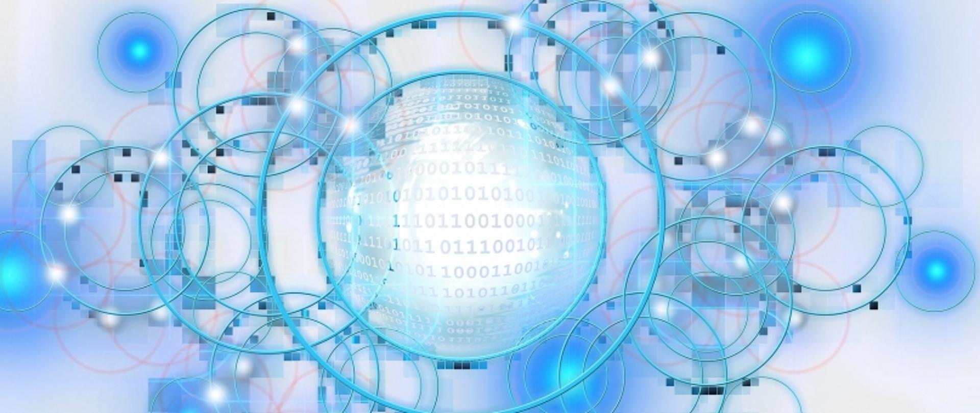 Cyfrowa kula z kodem binarnym otoczona kręgami i liniami na tle niebieskiej, technologicznej grafiki.